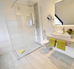 e bagno con doccia, servizi igienici e lavandino. di WohnGut Koblenz a Coblenza