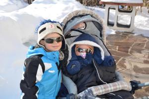 two children sitting in a stroller in the snow at Gästehaus Troppmair in Finkenberg