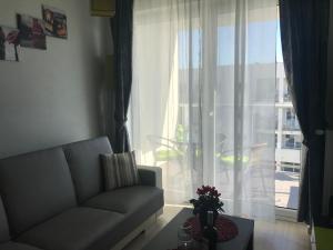 salon z kanapą i dużym oknem w obiekcie Apartament Lucky w Pruszczu Gdańskim