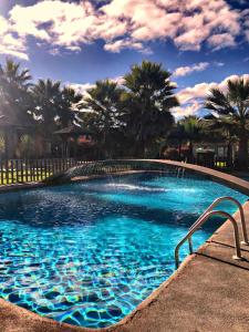 ein großer Pool mit blauem Wasser und Palmen in der Unterkunft Apart Hotel Gran Pacifico in La Serena