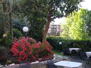 a garden with tables and chairs and a bush with red flowers at Hotel Quarcino in Como