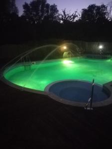 una piscina notturna con illuminazione verde di Detelina Complex a Hisarya