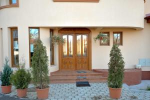 a front door of a house with two potted trees at Pensiunea Kenza in Târgu-Mureş