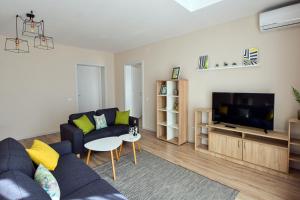 a living room with a couch and a tv at Mandarin Premium Apartments in Târgu-Mureş