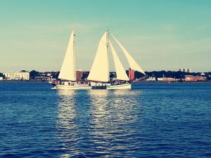 twee boten met witte zeilen in een grote hoeveelheid water bij Ferienwohnung Drabinski in Kiel