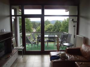 ein Wohnzimmer mit einem Sofa und Blick auf einen Innenhof in der Unterkunft Apartmán Lipno A12 in Lipno nad Vltavou