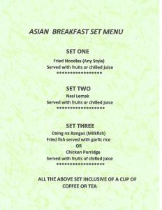 ein Menü für ein asiatisches Frühstücksmenü in der Unterkunft Terrace Hotel in Bandar Seri Begawan