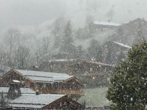 uma tempestade de neve num quintal com uma casa em Chalet le 1791 em La Clusaz