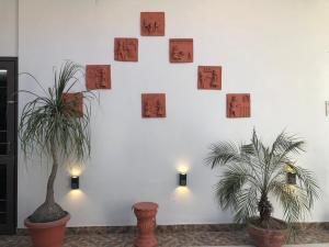 Una pared blanca con cuadros con dos plantas. en Kalpana Yoga Homestay, en Jaipur