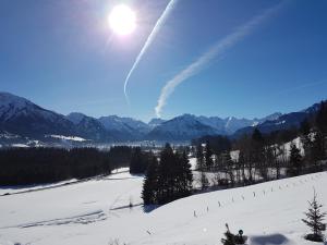 un champ enneigé avec le soleil dans le ciel dans l'établissement Landhaus Eggensberger, à Fischen im Allgäu