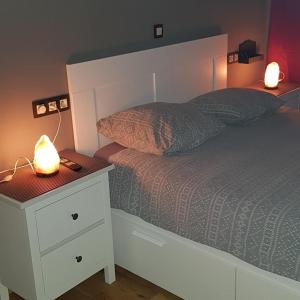 een slaapkamer met een bed en 2 lampen op een nachtkastje bij Location court terme in Namen