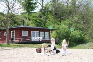 Tre ragazze e un cane seduti su una coperta sulla spiaggia di Loff Holiday Houses a Aabenraa