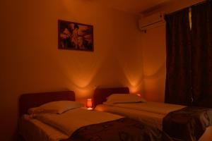 two beds in a dark room with a lamp at Pensiunea Kenza in Târgu-Mureş