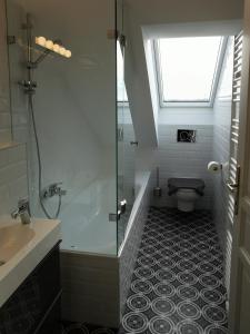 a bathroom with a shower and a toilet and a window at Sissi Apartments in Achau