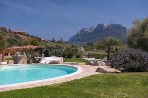 uma piscina num quintal com montanhas ao fundo em Hotel Ollastu em Costa Corallina