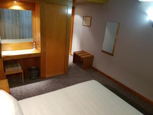 a bedroom with a bed and a sink and a mirror at Hotel Nordeste Shalom in Bragança