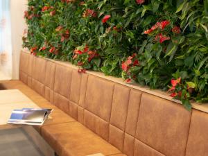 a planter with red flowers on a wall at Red Fox Lodge in Breuil-Cervinia