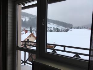 una finestra con vista su un campo innevato di Guest House Mountain a Bukovel