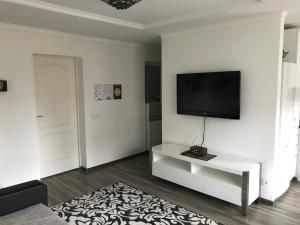 a living room with a flat screen tv on a white wall at Fine Apartment in Jelgava