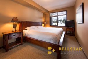 a bedroom with a large bed and a television at Glacier Mountaineer Lodge in Golden