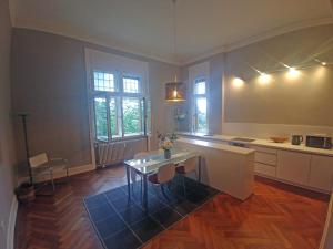 uma cozinha com mesa e cadeiras num quarto em Appartment Sonneck em Freiburg im Breisgau