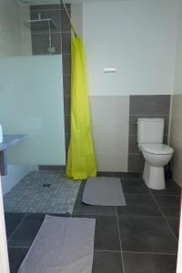 a bathroom with a toilet and a yellow shower curtain at Appartement Alouette France in Pessac