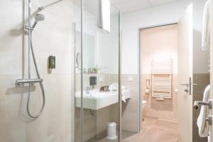 a bathroom with a shower and a sink and a toilet at Mythenresort Heimdall in Thale