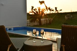 zwei Gläser Wein auf einem Tisch neben einem Pool in der Unterkunft Feliz Villa Suite Irabujima Sawada in Miyako-jima