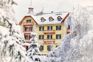 budynek pokryty śniegiem przed drzewami w obiekcie Hotel Monte Sella w mieście San Vigilio di Marebbe