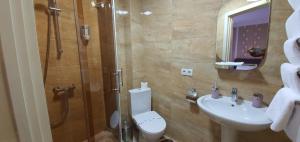 a bathroom with a shower and a toilet and a sink at Mon Ami Hotel in Ivano-Frankivsʼk