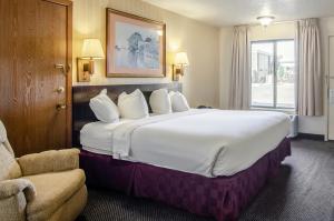 a hotel room with a large bed and a chair at Americas Best Value Inn & Suites Ft Collins E at I-25 in Fort Collins