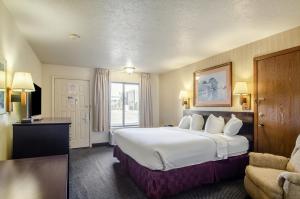 a hotel room with a large bed and a chair at Americas Best Value Inn & Suites Ft Collins E at I-25 in Fort Collins