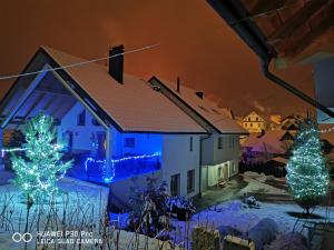 una casa decorada con luces de Navidad en la nieve en Tourist farm Megušar, en Škofja Loka