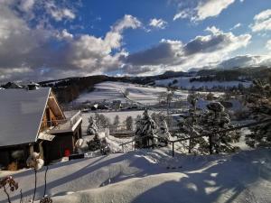 una vista invernale dal balcone di una casa di Jaworki Green Dream a Szczawnica