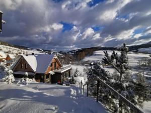 una casa nella neve con alberi innevati di Jaworki Green Dream a Szczawnica