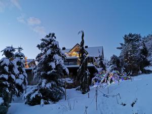 Una casa con le luci di Natale nella neve di Jaworki Green Dream a Szczawnica