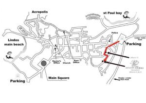 um mapa da localização aproximada de um resort de montanha em Xenones Lindos em Líndos