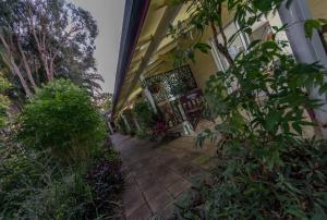 a porch with a bench and some plants at Kookaburra Motel Yungaburra in Yungaburra