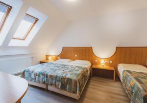 een hotelkamer met 2 bedden en 2 ramen bij Vitranc Apartments in Kranjska Gora