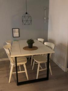 - une table à manger avec des chaises et une plante en pot dans l'établissement Sous aan Zee, à Noordwijk