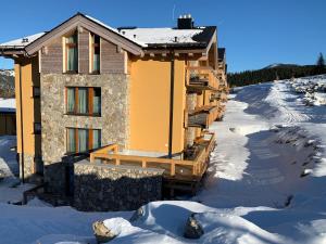 une maison dans la neige recouverte de neige dans l'établissement Apartmán Polana, à Demänovská Dolina