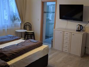 a bedroom with two beds and a flat screen tv at Asiatisches Landhaus in Braunsbedra