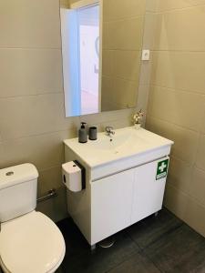 een badkamer met een toilet, een wastafel en een spiegel bij Urban Apart - Azores in Ponta Delgada