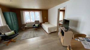 un soggiorno con letto e TV in camera di Chalet Acheregg a Wengen