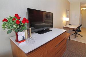 a room with a tv and a vase of red roses at Holiday Inn Express and Suites Calgary University, an IHG Hotel in Calgary