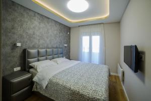 um quarto com uma cama grande e uma televisão em Apartments Centrale 28 em Podgorica