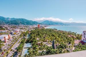 プエルト・バジャルタにあるHotel Mio Vallarta Unique & Different- Adults Onlyのヤシの木と海の空中を望む