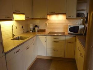 a kitchen with white cabinets and a sink and a microwave at De Galeriet Giethoorn in Giethoorn