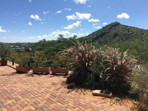 un patio in mattoni con piante e una montagna sullo sfondo di Felsenblick Self-Catering a Windhoek