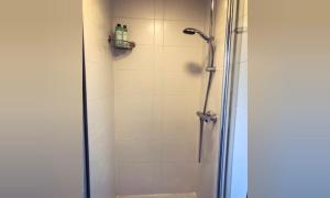 a bathroom with a shower with a glass door at Queens Beachhouse in Zandvoort